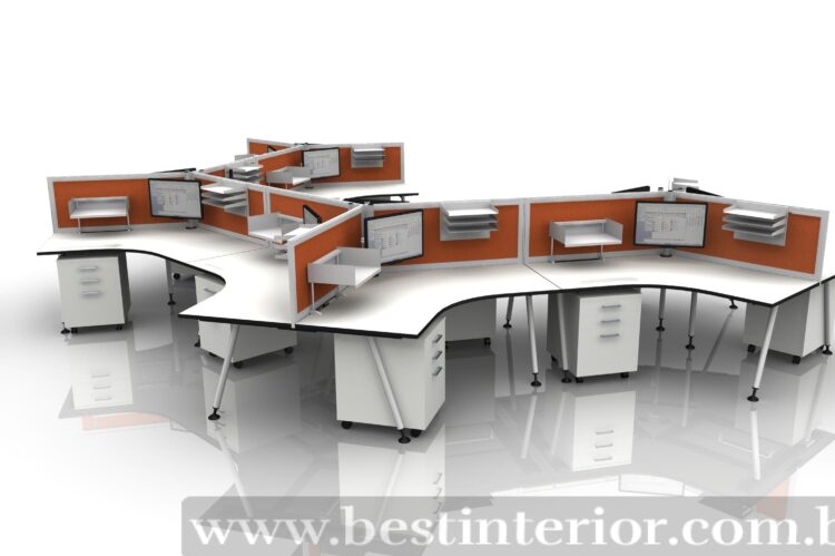 Curved office workstation with orange partitions, mobile drawer units, and monitors