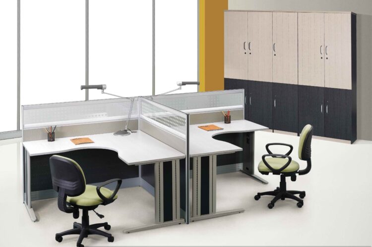 Office workstation with glass partition, ergonomic chairs, and storage cabinet.