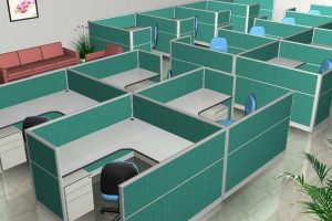 Individual chamber office workstation with aluminum frame and fabric partition.