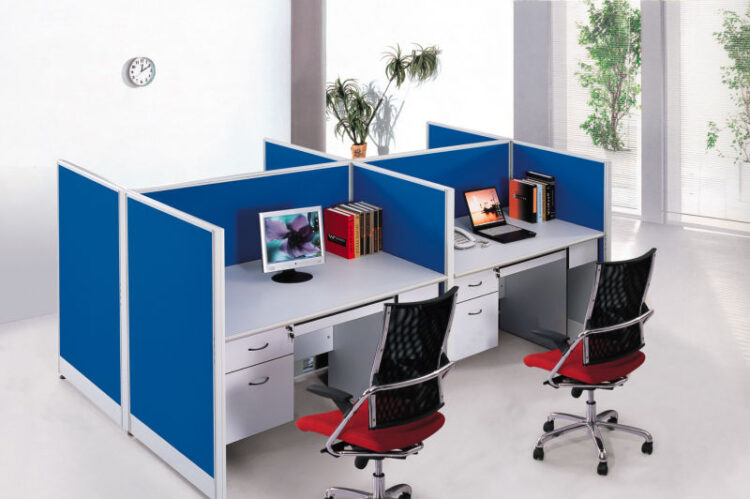 Face-to-face office workstation with aluminum frame and fabric panels.