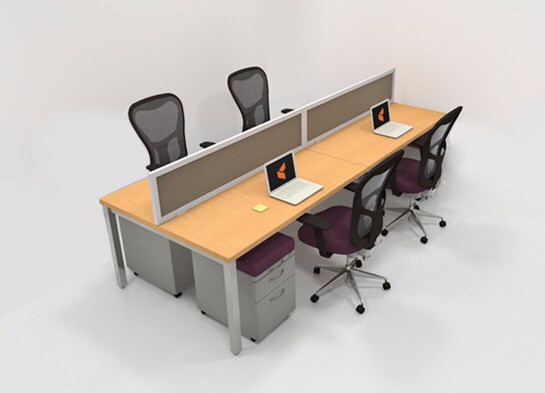 3D office workstation with MS legs, gray partitions, and ergonomic chairs.