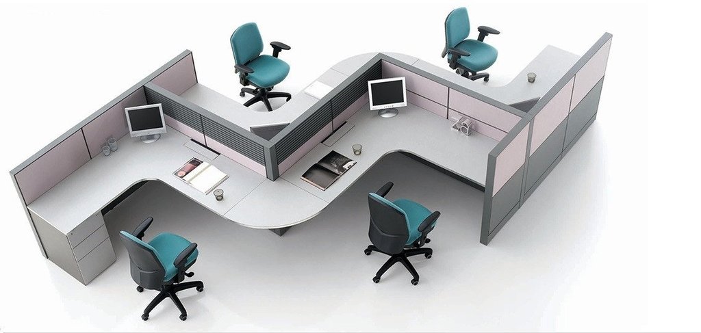 S-pattern office cubicle with aluminum frame and fabric panels.