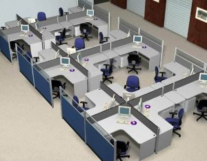 Office workstation with aluminum frame, fabric partitions, and glass screen divider for collaborative workspace.