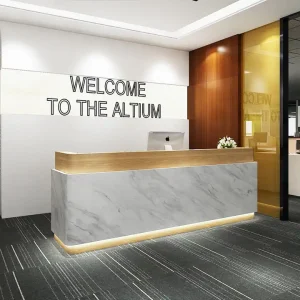 Modern Office Reception Desk with Welcome Sign