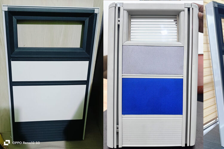 A set of three images showcasing office cubicle partition sections with aluminum frames, glass tops, and fabric panels in white, gray, and blue colors.