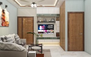 Modern living room with a sleek TV cabinet and stylish decor.