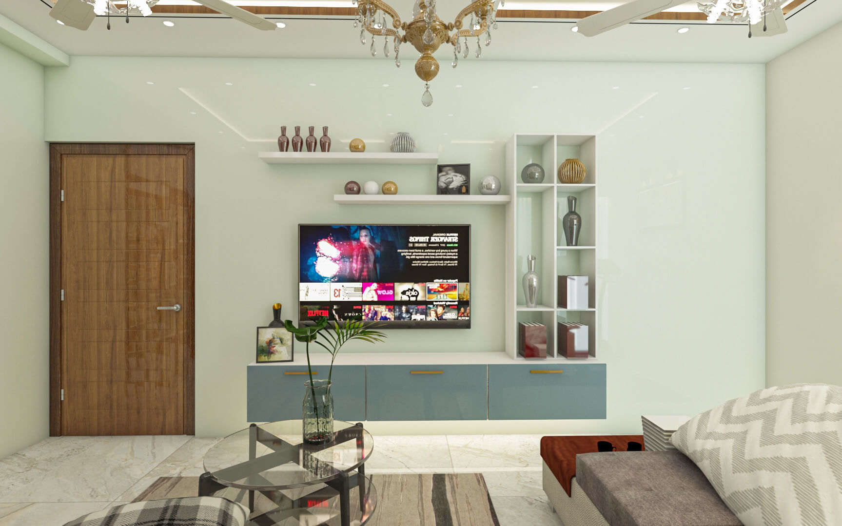 Modern living room with stylish TV cabinet and shelf units.