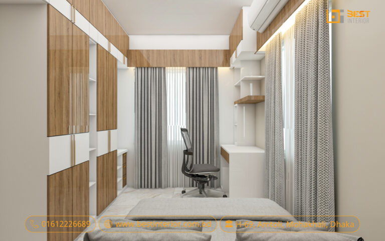 flat interior design Bangladesh – 1. New Flat Interior Design Concept

2. Bedroom with Study Table and Full-Height Wardrobe

3. Compact Kitchen with Practical Storage

4. Living Room with TV Unit and Display Cabinet

5. Dining Area with Storage and Feature Wall