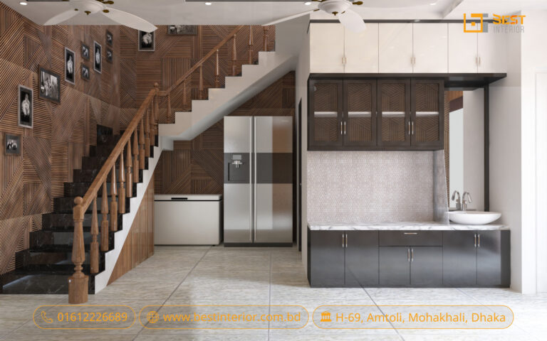 Eastern Housing duplex interior design concept showing living room, TV wall, staircase and compact kitchen – image 2