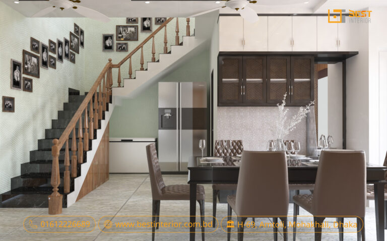 Eastern Housing duplex interior design concept showing living room, TV wall, staircase and compact kitchen – image 3