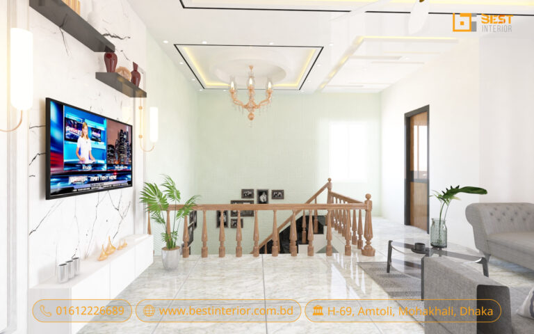 Eastern Housing duplex interior design concept showing living room, TV wall, staircase and compact kitchen – image 4