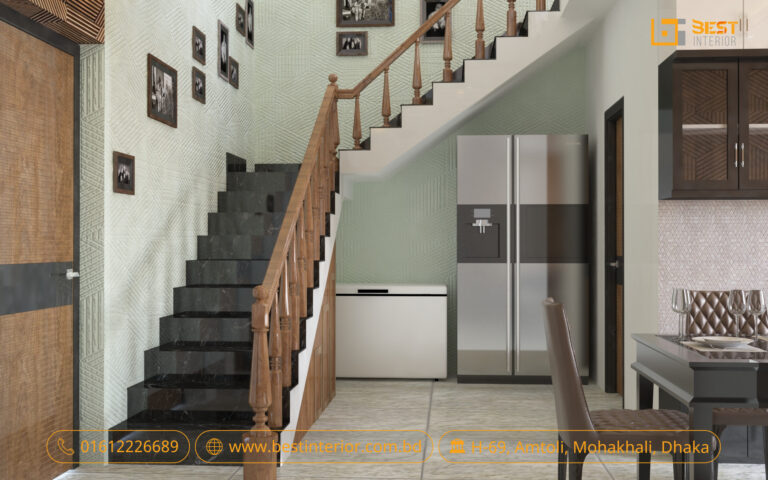 Eastern Housing duplex interior design concept showing living room, TV wall, staircase and compact kitchen – image 5