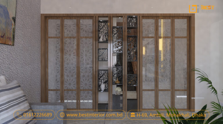 Eastern Housing duplex interior design concept showing living room, TV wall, staircase and compact kitchen